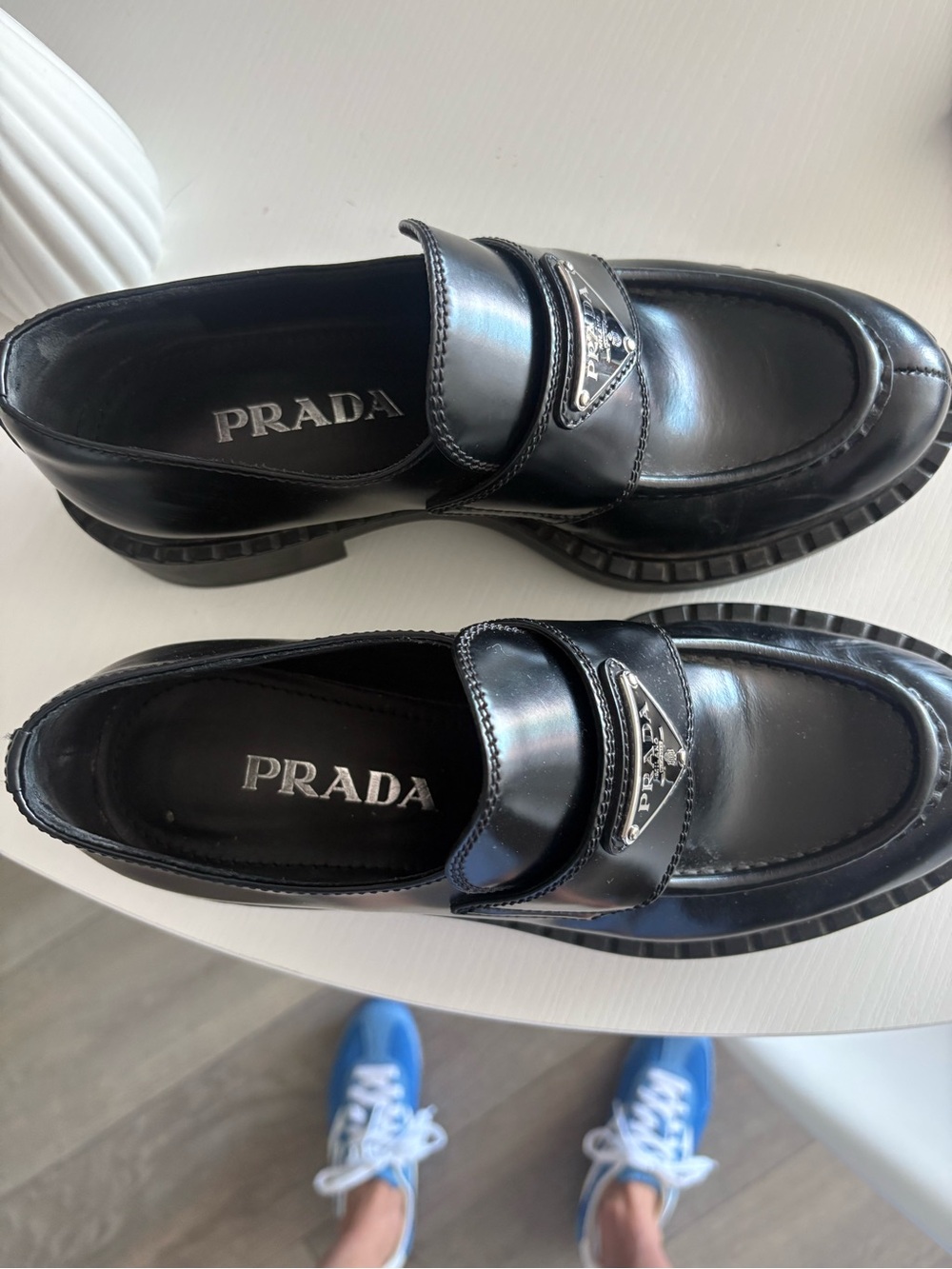 Prada Black Leather Penny Loafers with Silver Triangle Logo - Picture 2 of 12